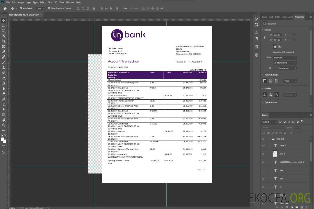 Relevé bancaire d'Estonie Inbank template Relevé bancaire d'Estonie Inbank template